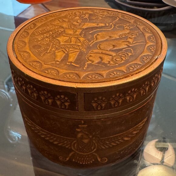 charm negar Other - Charm Negar Leather Hand Tooled Persian Design Faravahar Circular Trinket Box